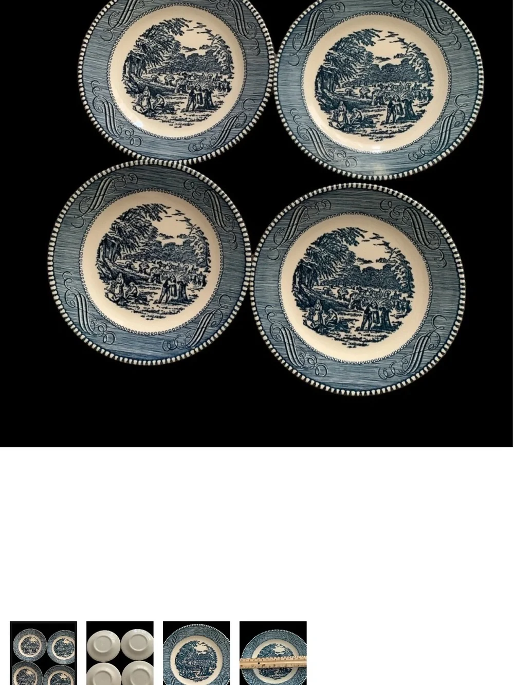Set of 4Currier & Ives Blue Scenic Porcelain Butter Plate -  Transferware Style